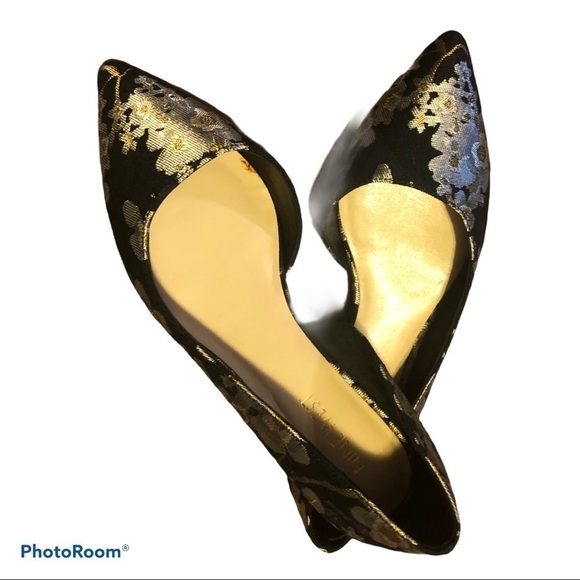 Nine West Flats Back Gold Metallic Foil Floral 5.5M Pointy Toe Shoe Career - Picture 2 of 5